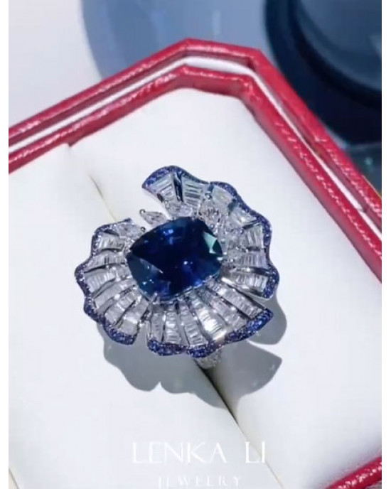 GRS certified Unheated 5.45 carat Royal blue sapphire and diamonds ring